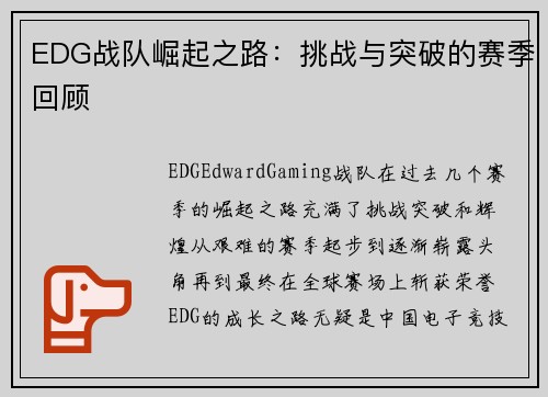 EDG战队崛起之路：挑战与突破的赛季回顾